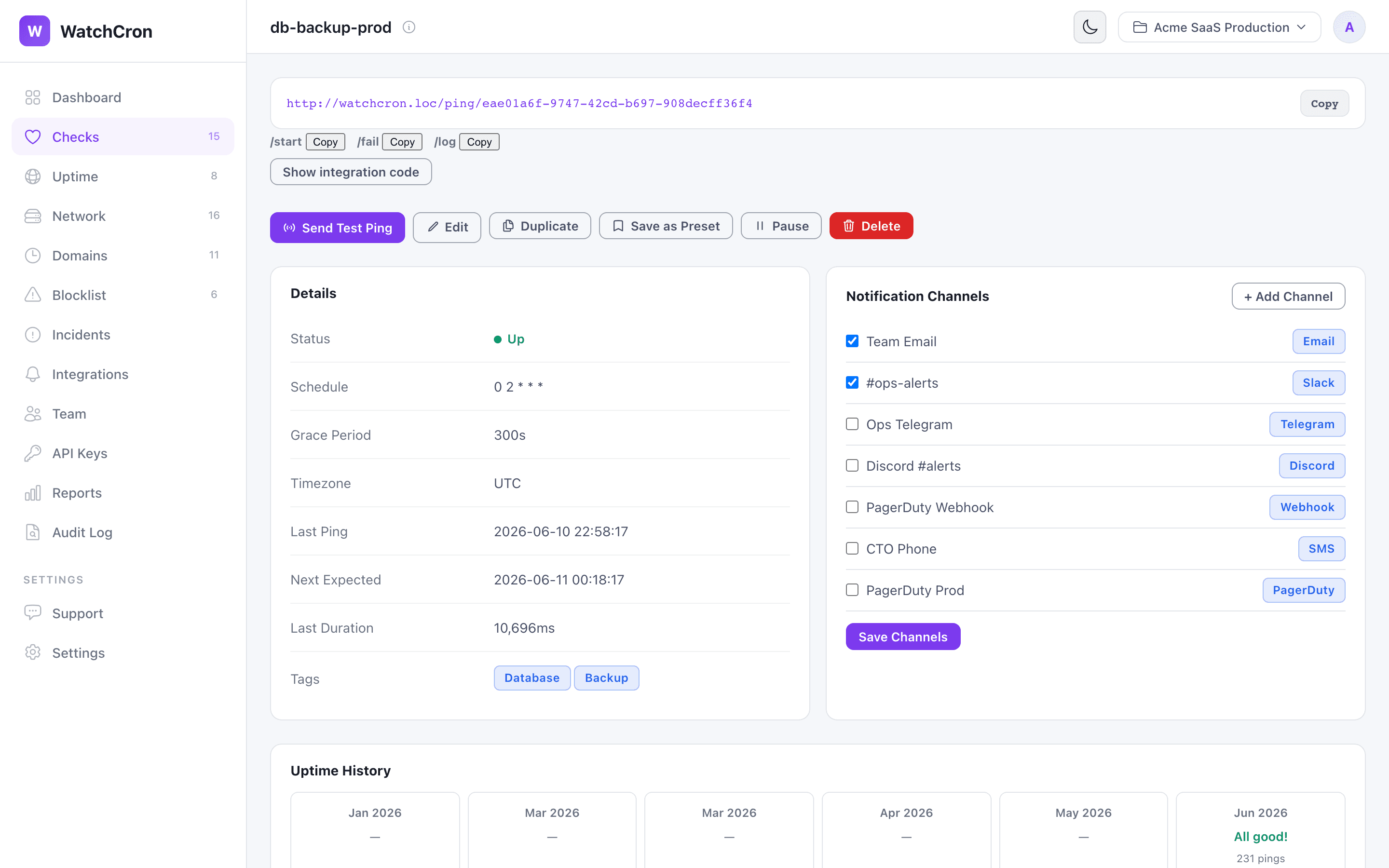 Check detail view showing ping URL, notification channels, and uptime history