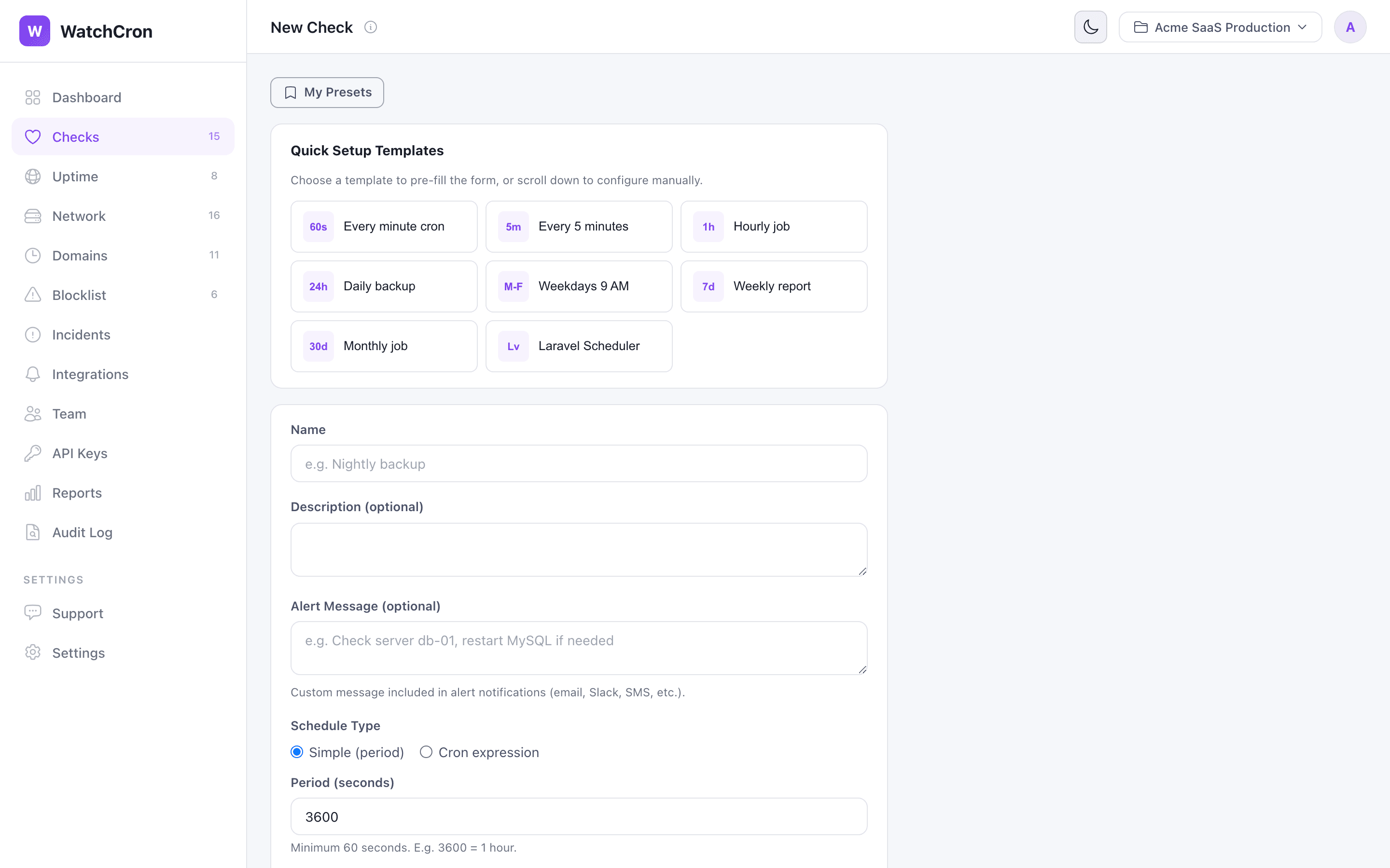 Create a new cron check with quick setup templates