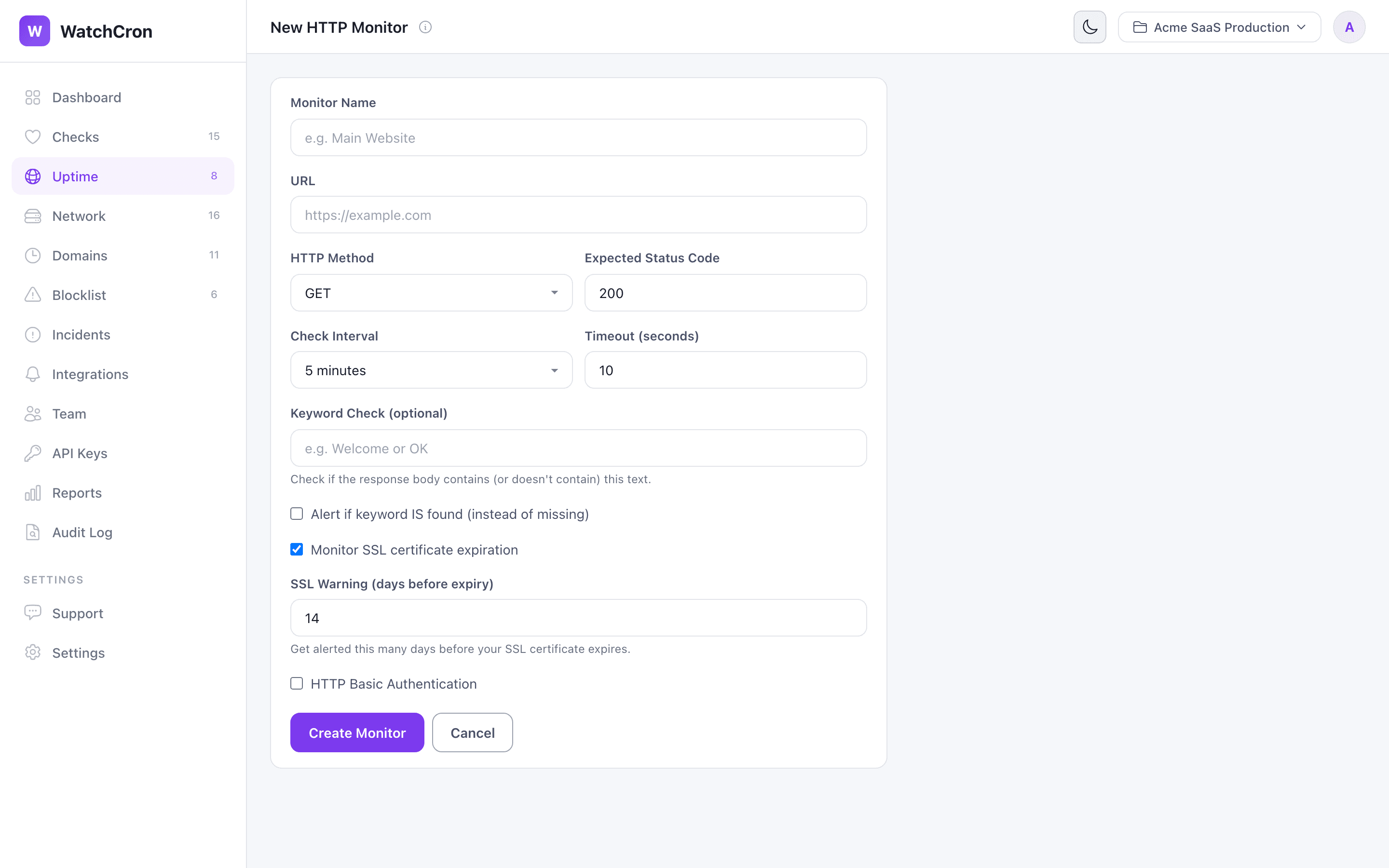 Create uptime monitor form