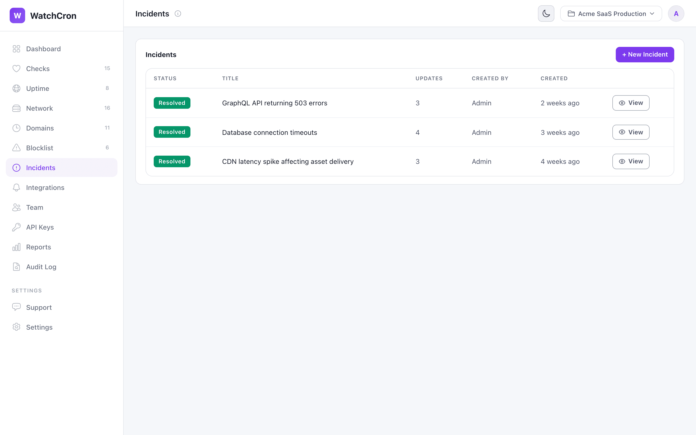 Incidents list showing status, title, updates, and created date