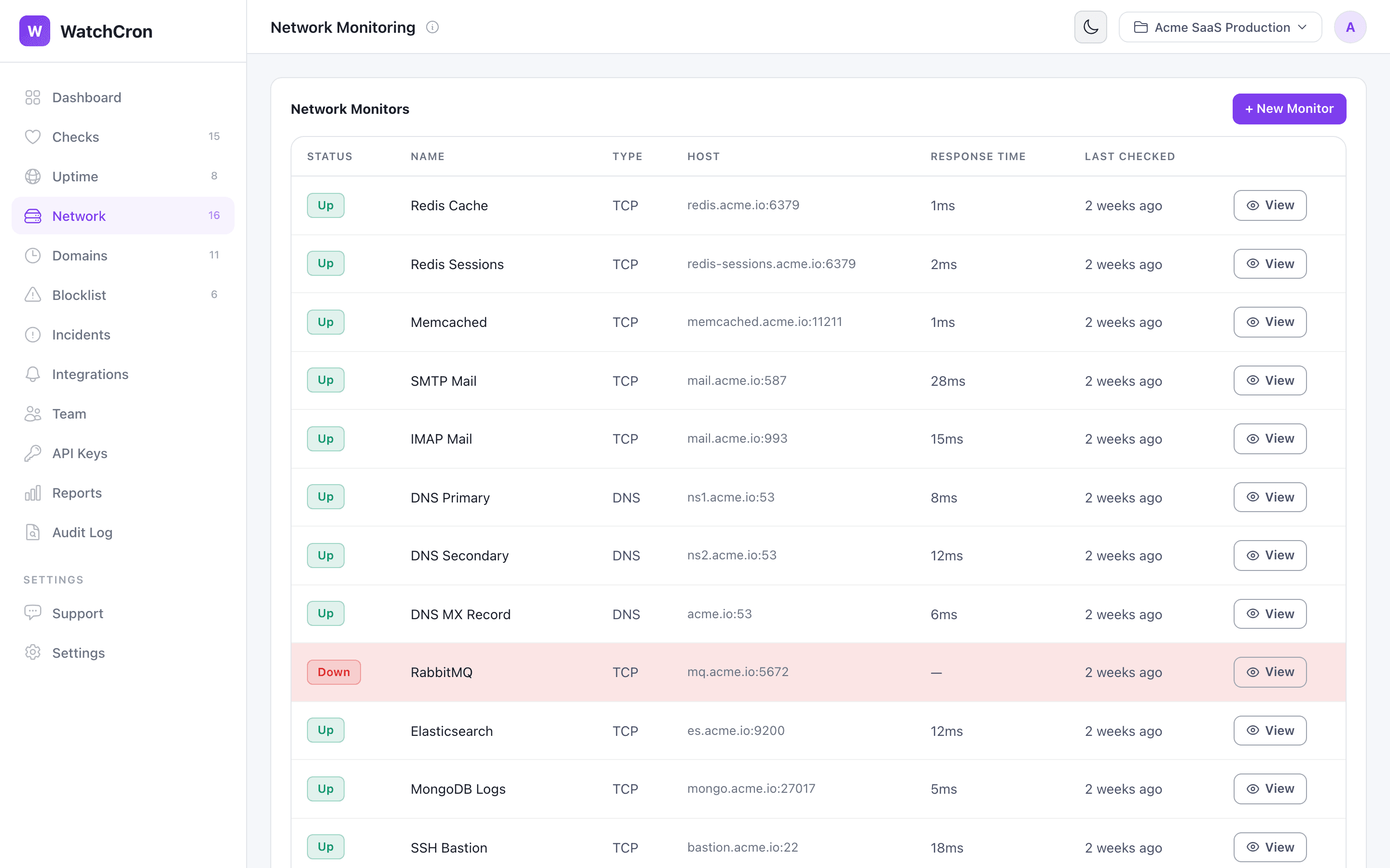 Network monitors showing TCP and DNS checks