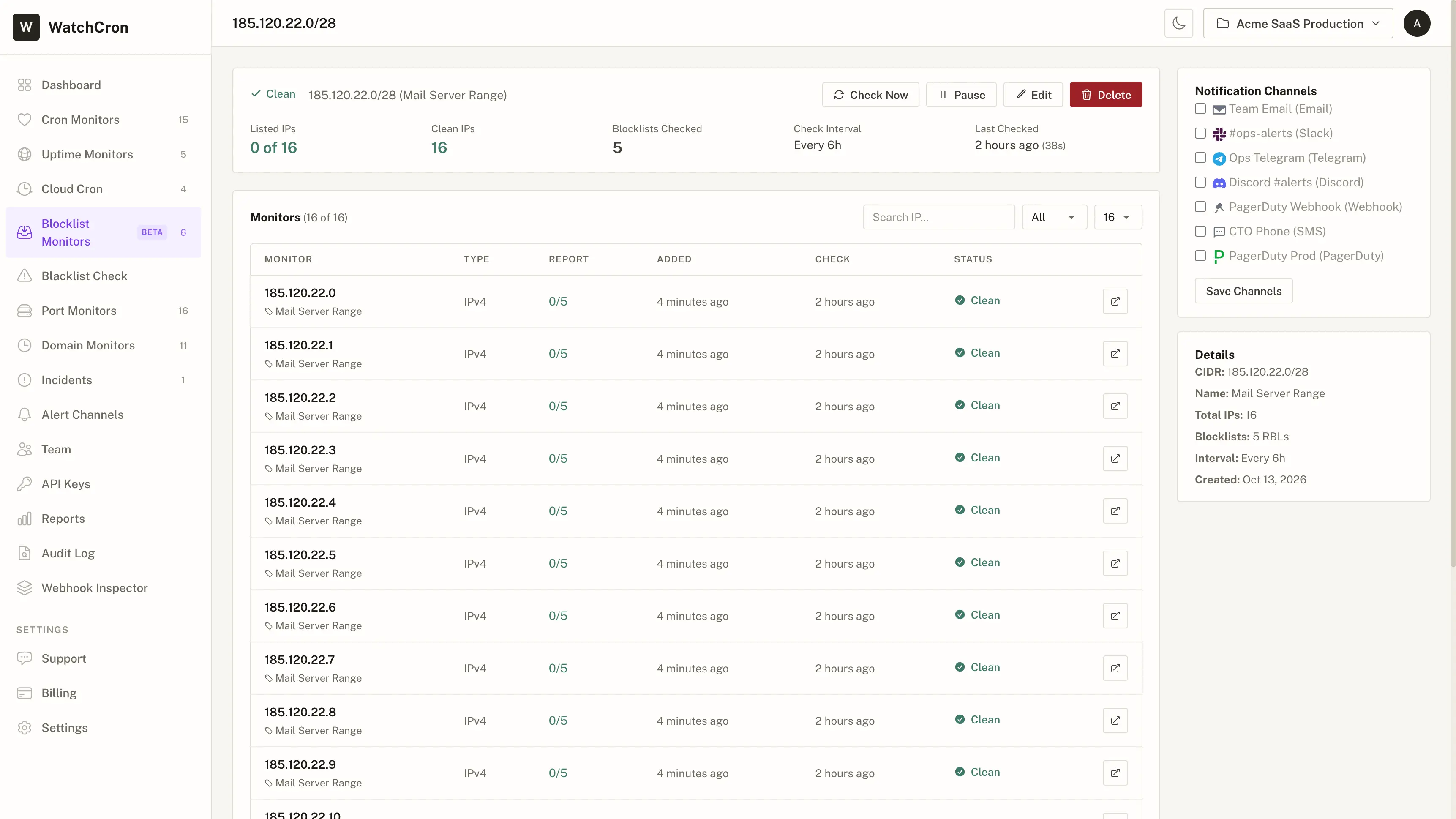 WatchCron blocklist monitors — CIDR range check results with per-IP status across 40 DNSBLs