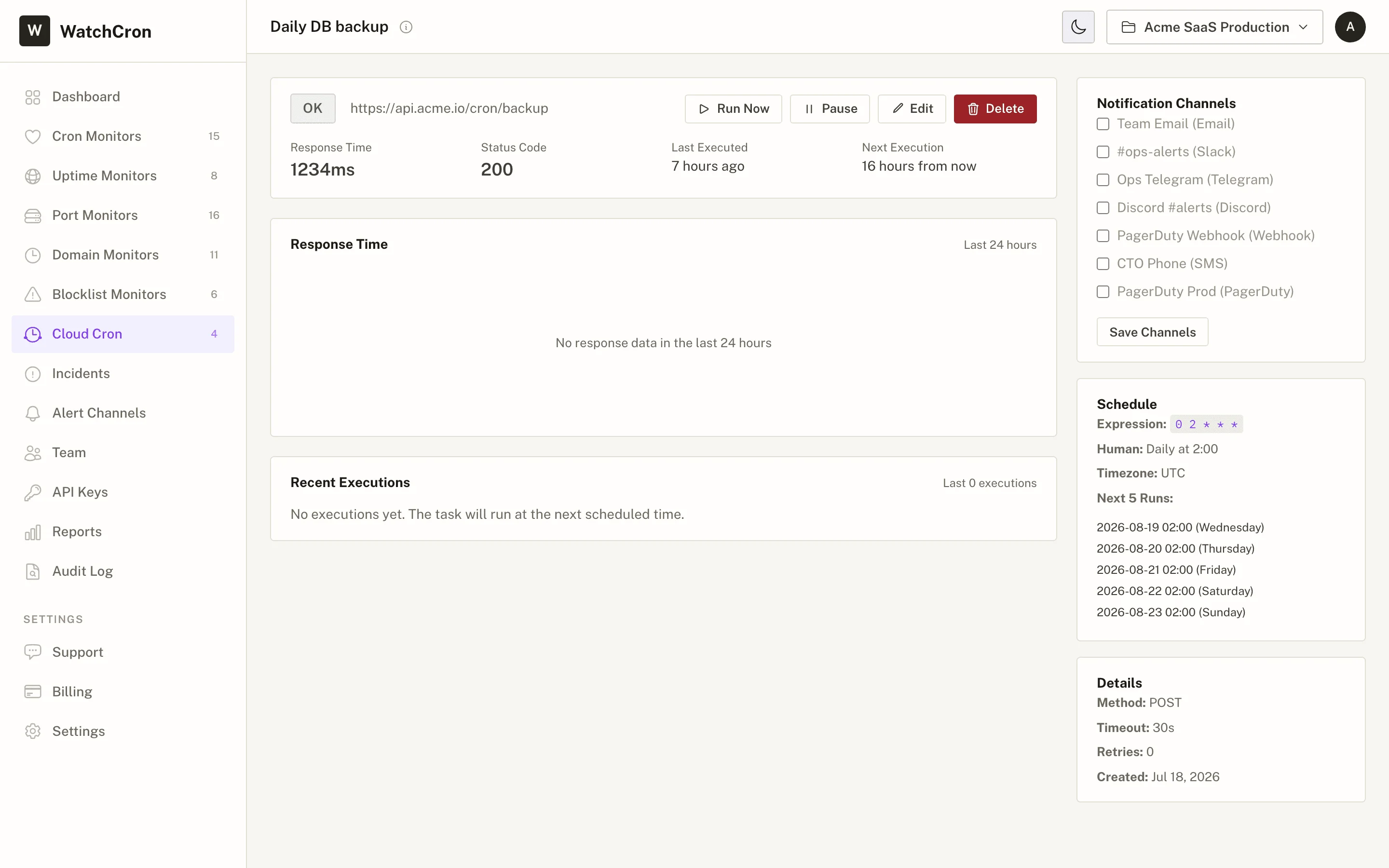 WatchCron cloud cron tasks — scheduled HTTP calls with status, schedule, response times