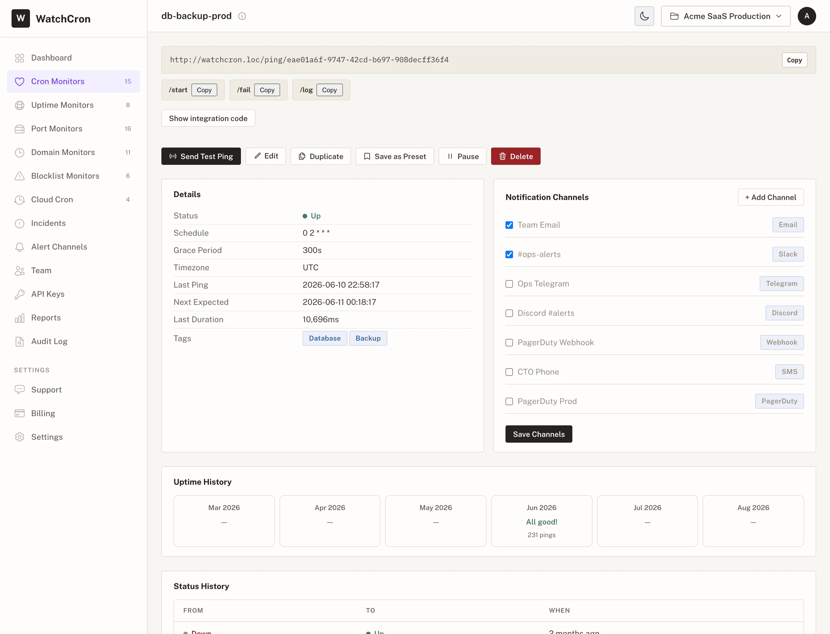 WatchCron cron job monitor detail — schedule, grace period, notification channels