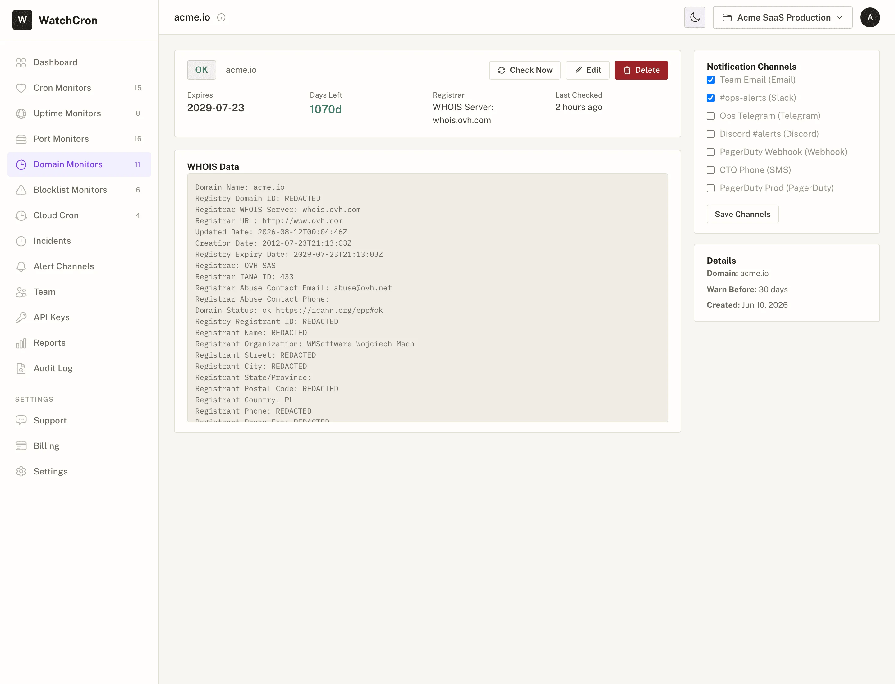 WatchCron domain monitors — expiry dates, registrar, days left overview
