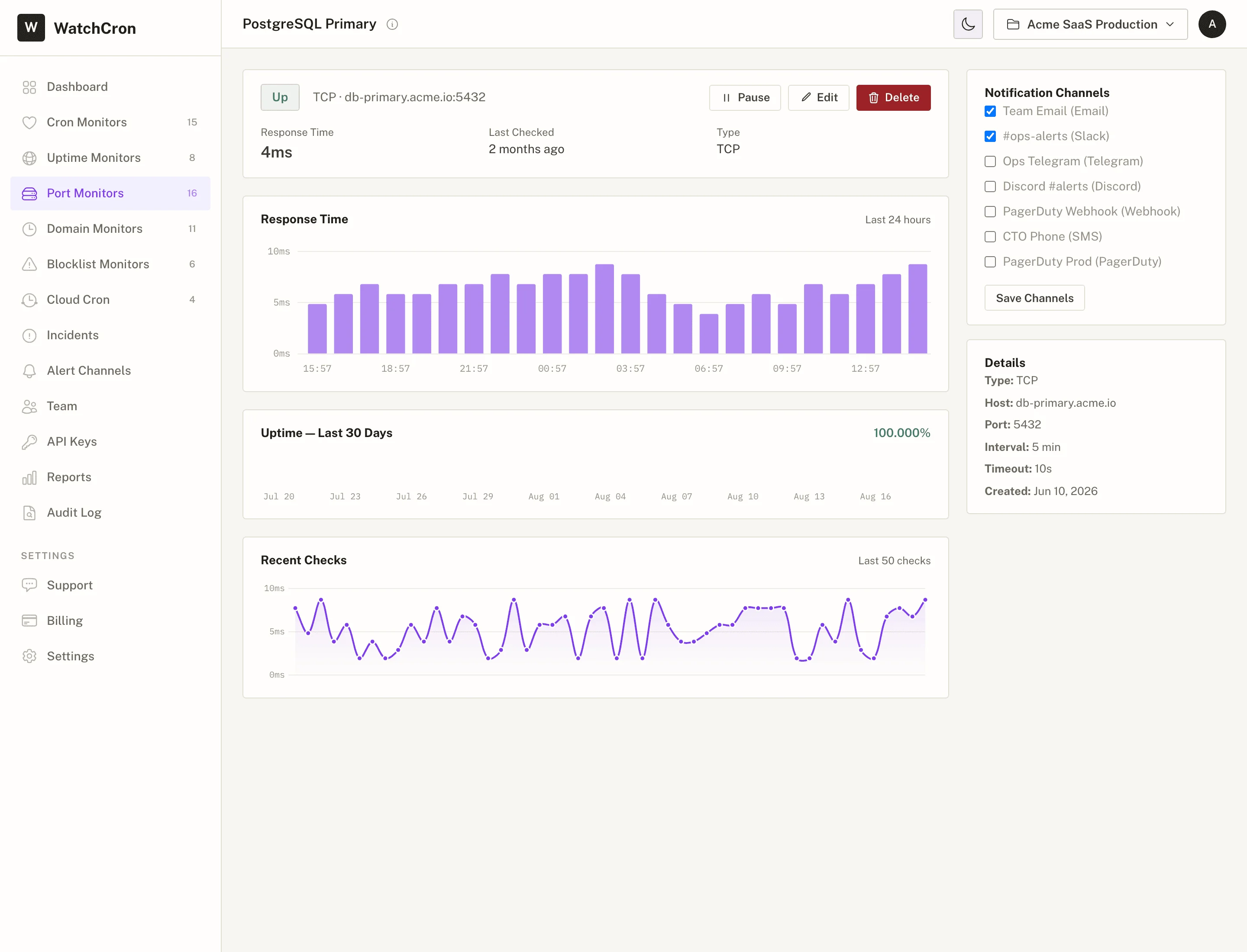 WatchCron port monitor — TCP connection check, response time chart, uptime history