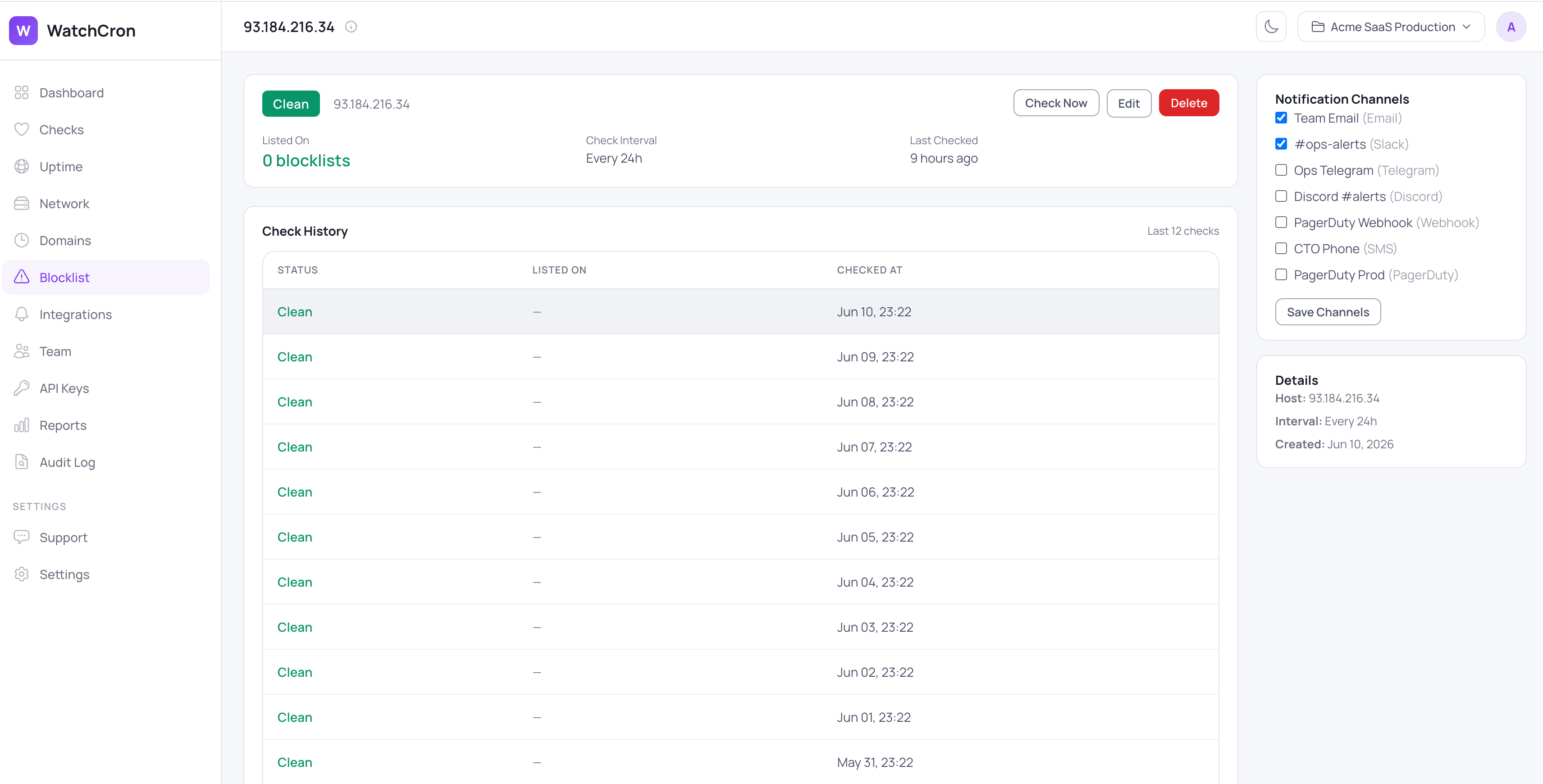 WatchCron blocklist monitor detail showing the lists an IP is on