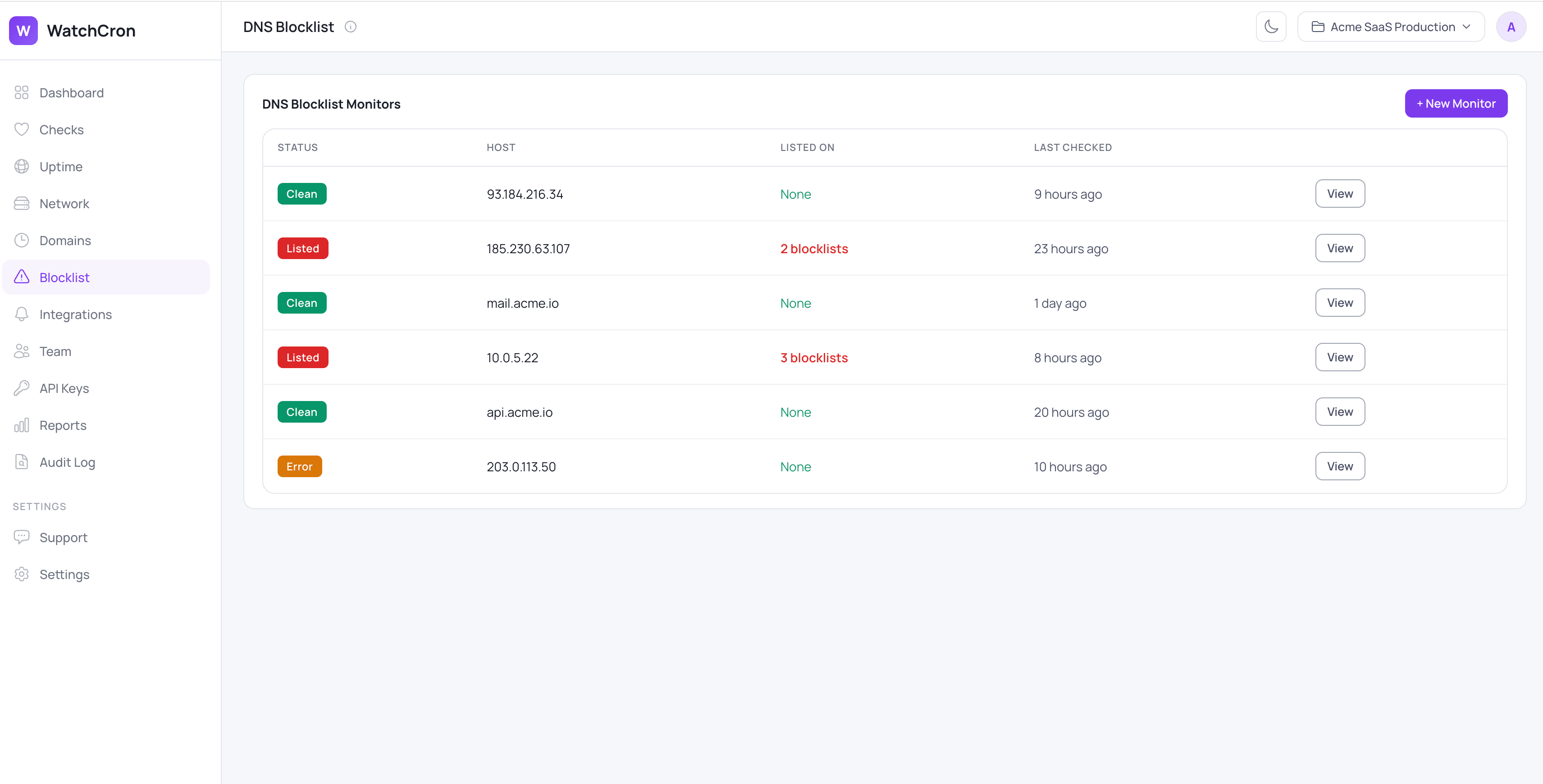 WatchCron DNS blocklist monitors list with clean and listed IPs