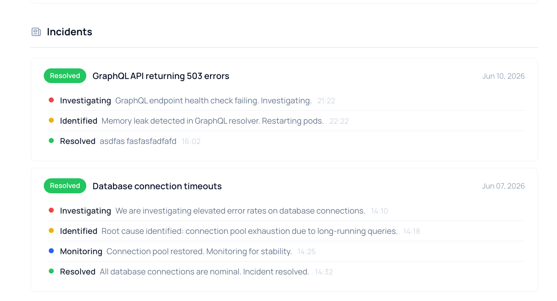 Public status page showing resolved incidents with full update timelines