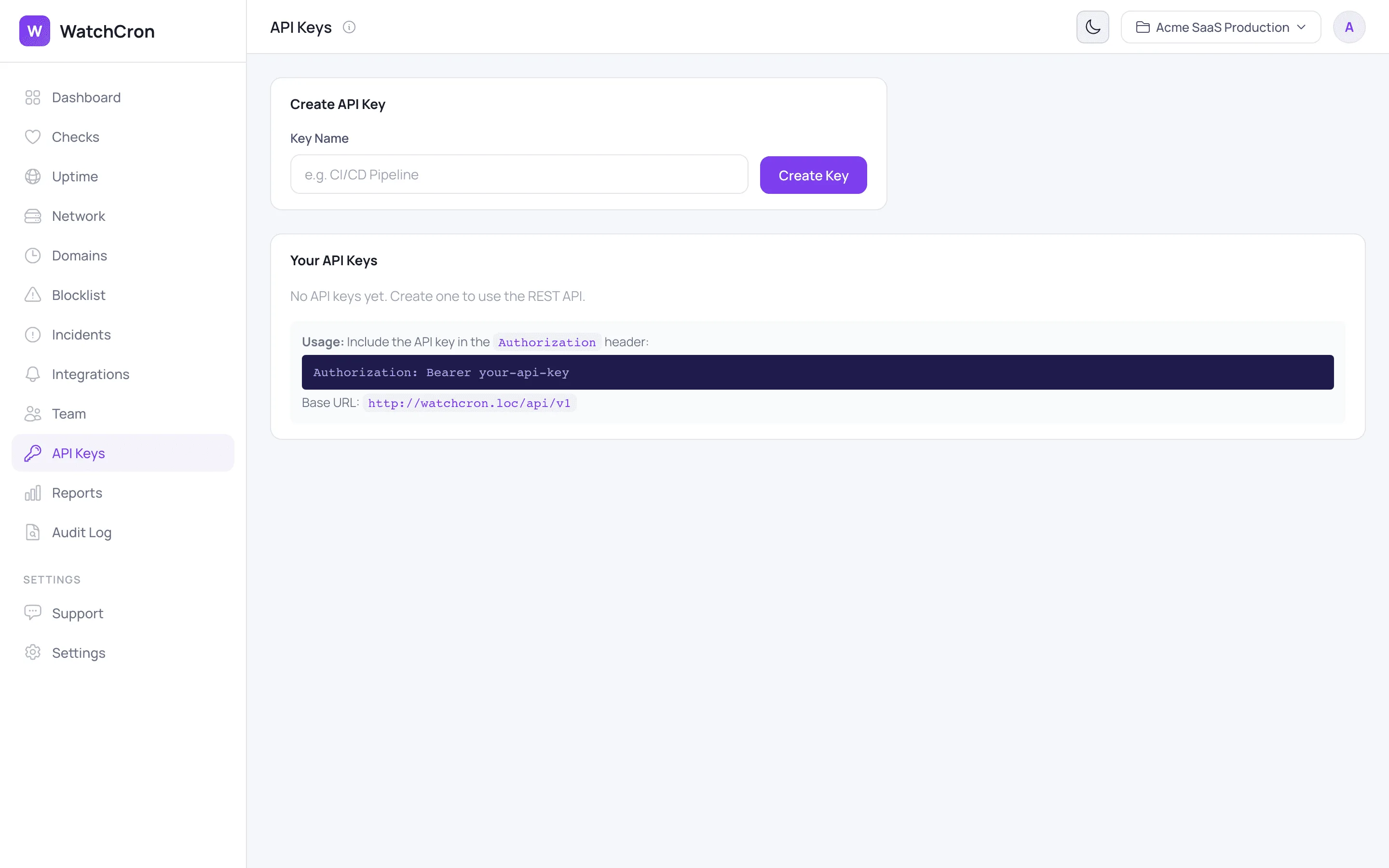 WatchCron API keys management page showing key creation and Bearer token usage
