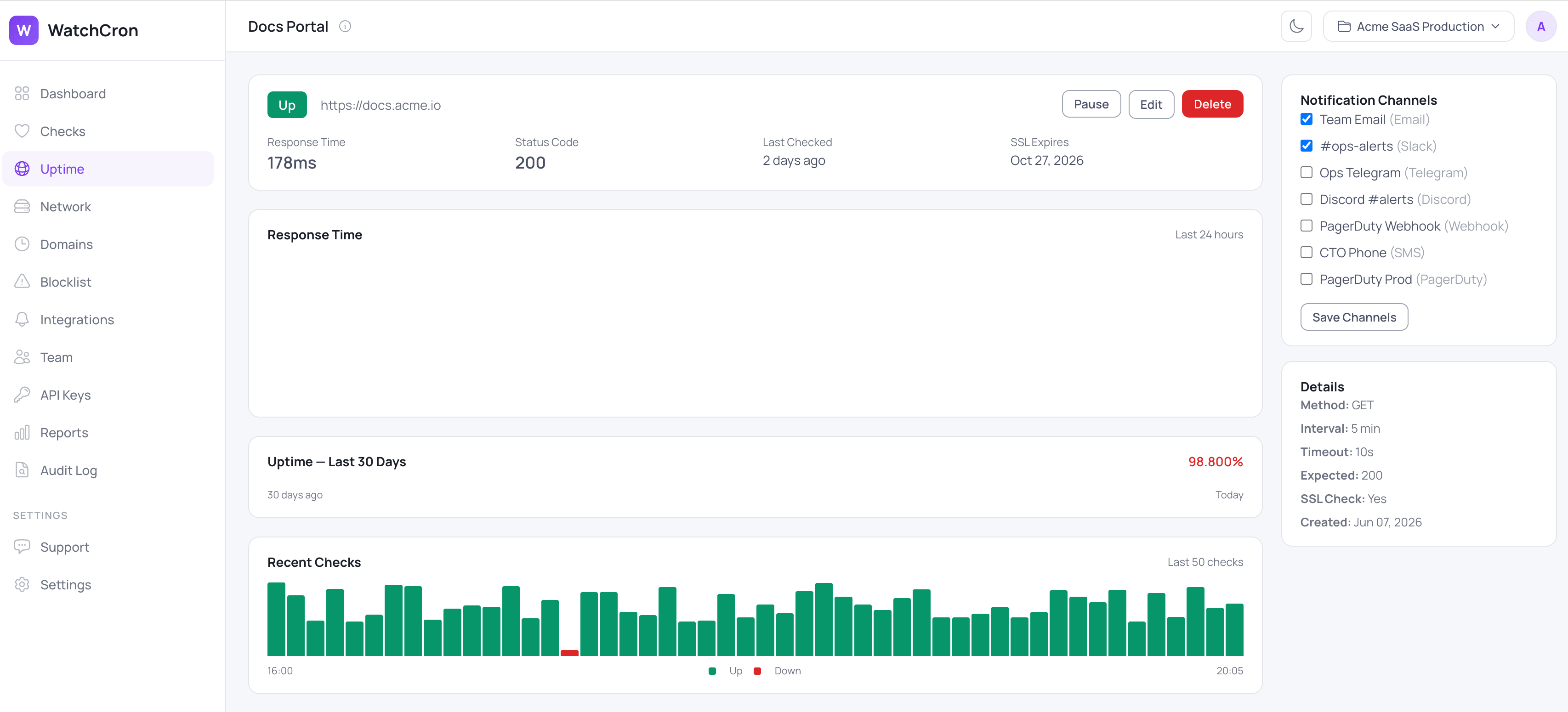 WatchCron uptime monitor detail