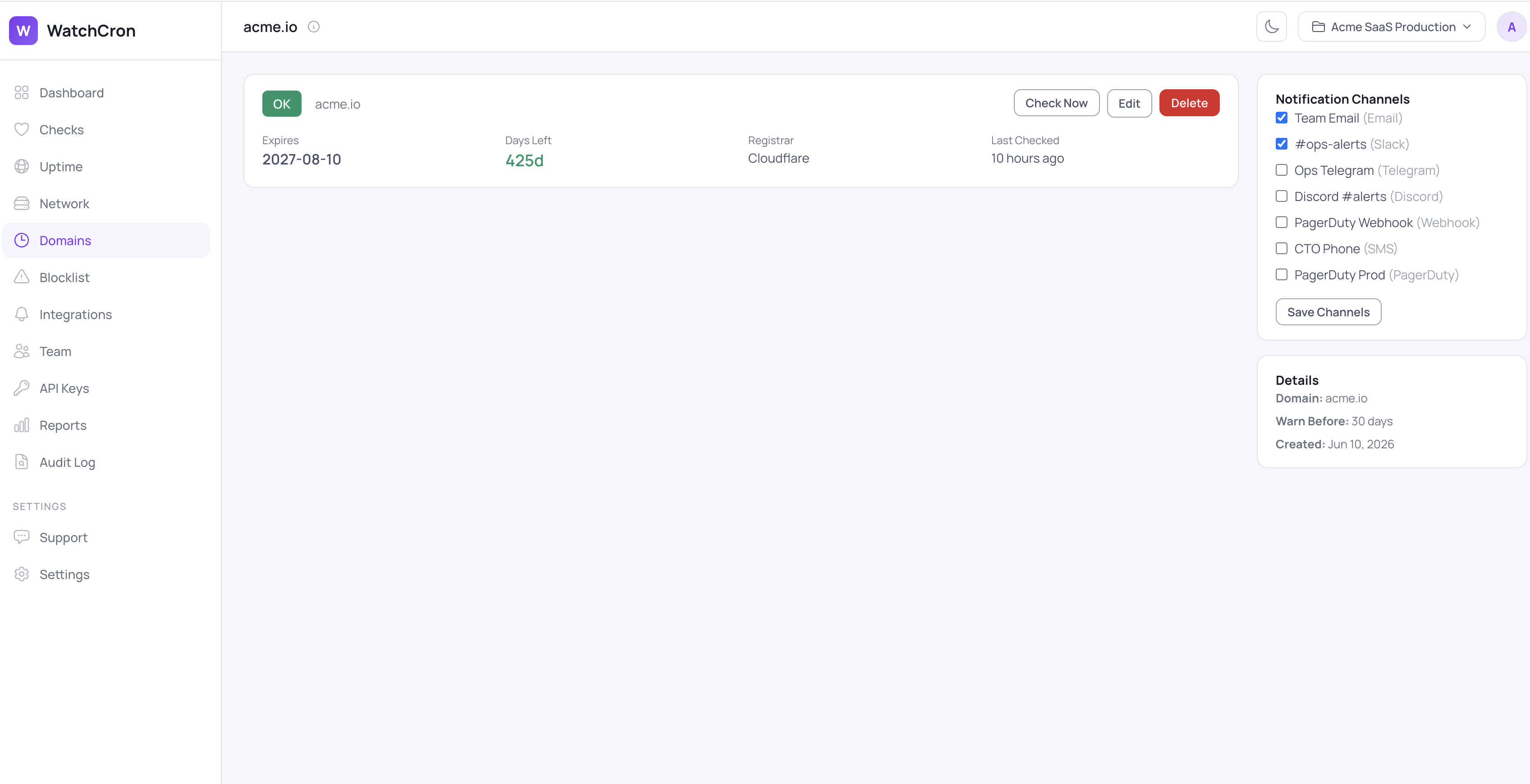 WatchCron domain monitor detail with registrar and warning threshold