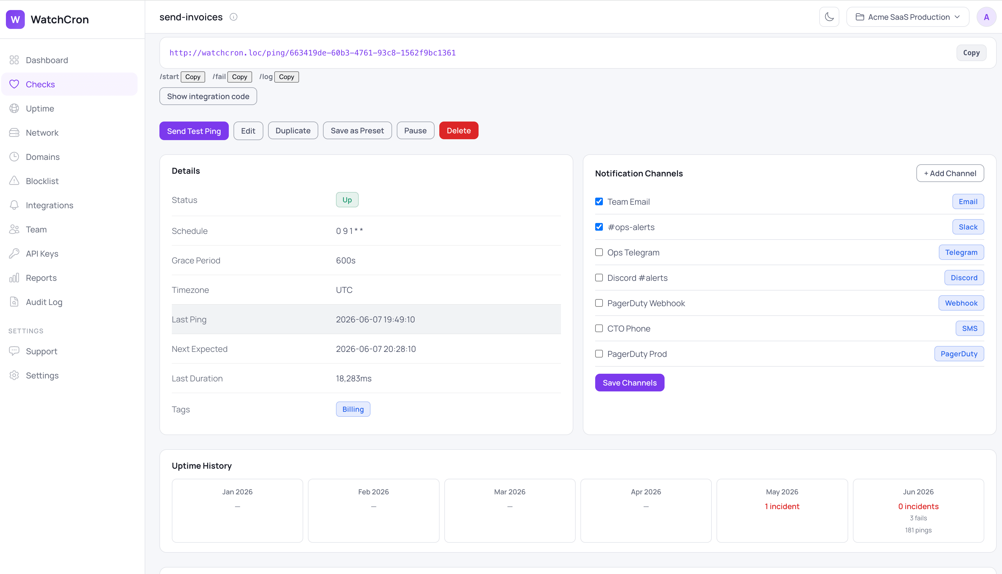 WatchCron check detail and notification channels