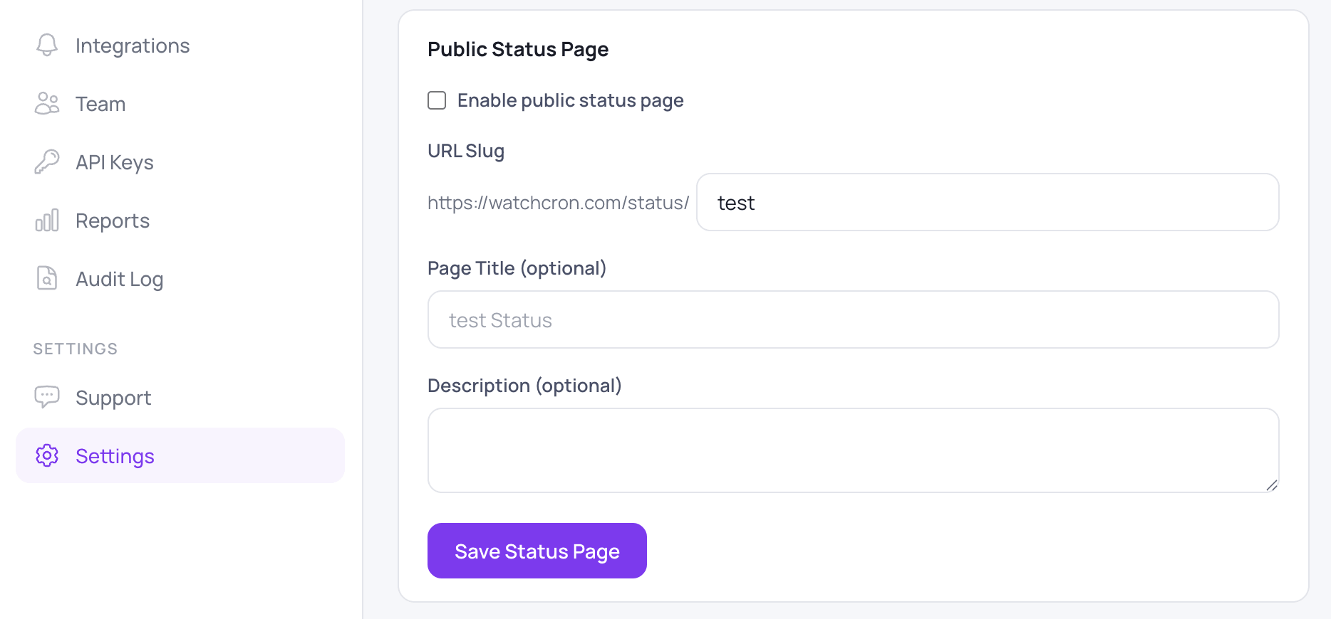 WatchCron status page settings: enable checkbox, URL slug, title, and description fields