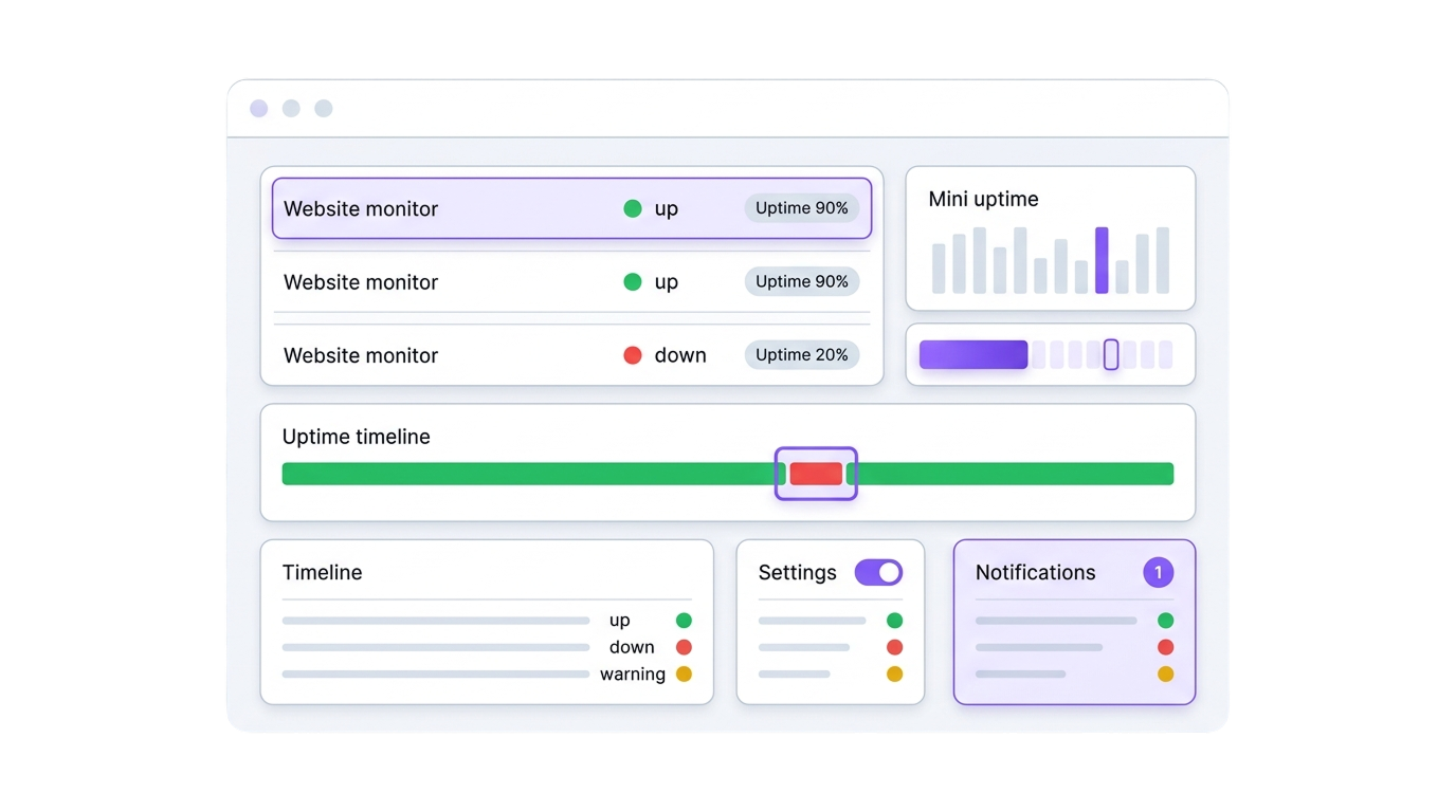 WatchCron dashboard listing three website monitors with green and red status dots, uptime-percentage badges, and a timeline bar with one short outage highlighted