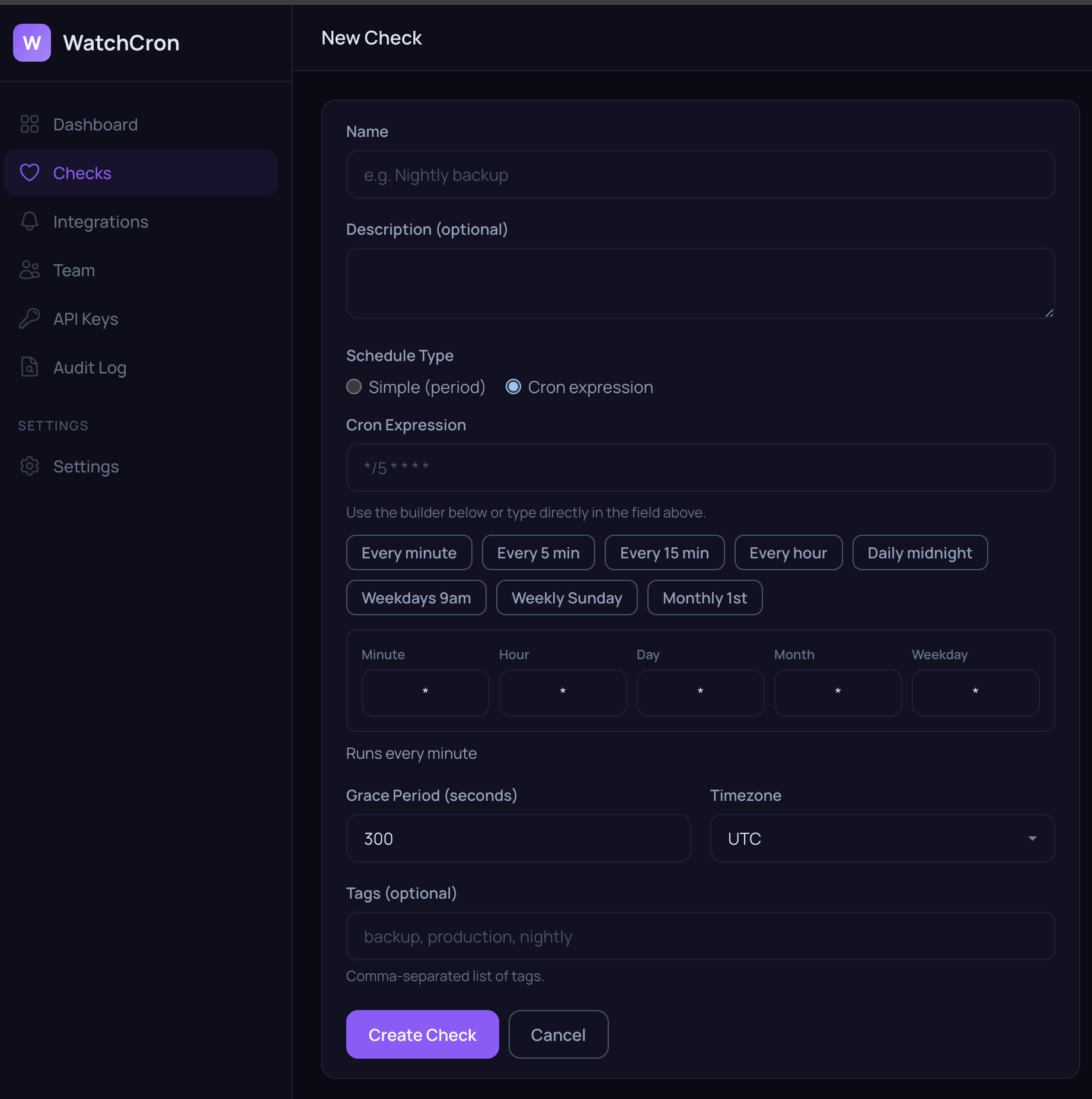 Create new check in watchcron service