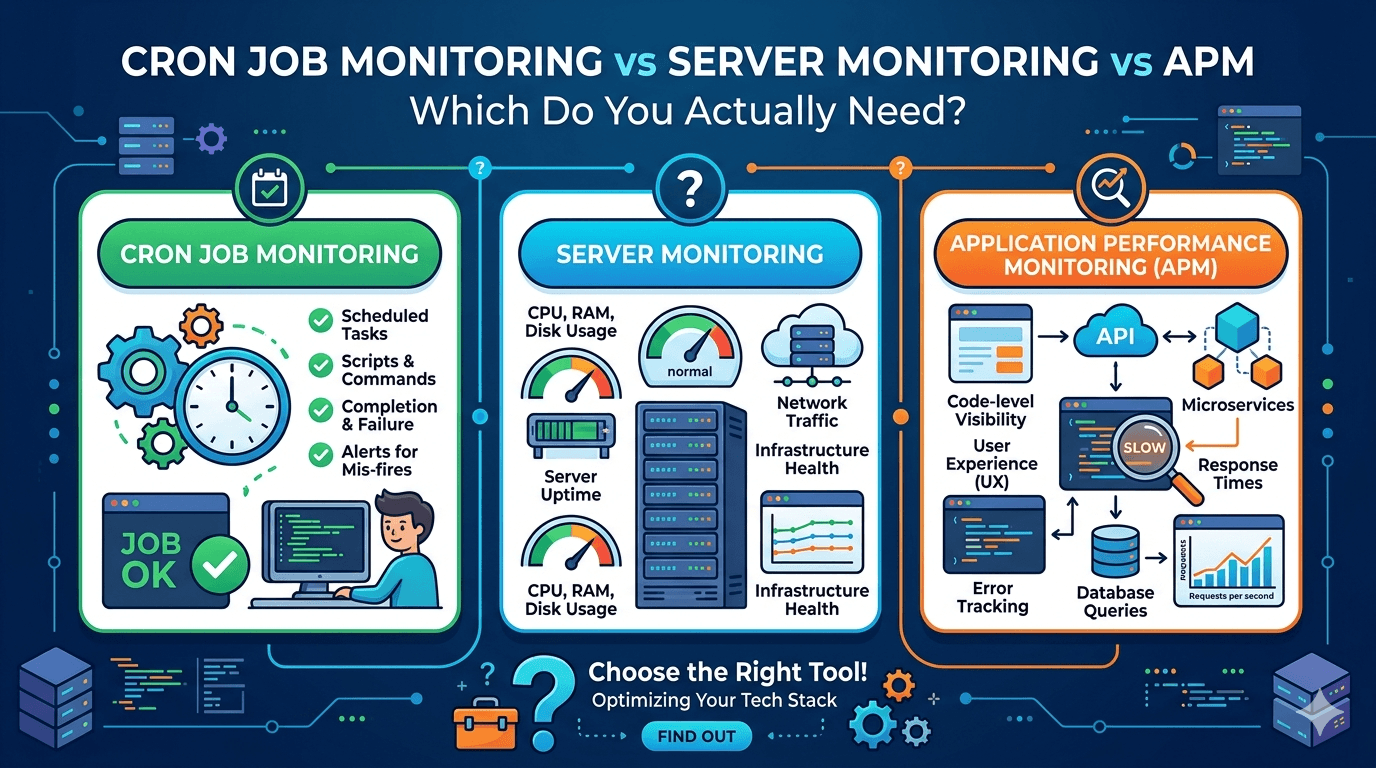 Cron Job Monitoring vs Server Monitoring vs APM: Which Do You Actually Need?