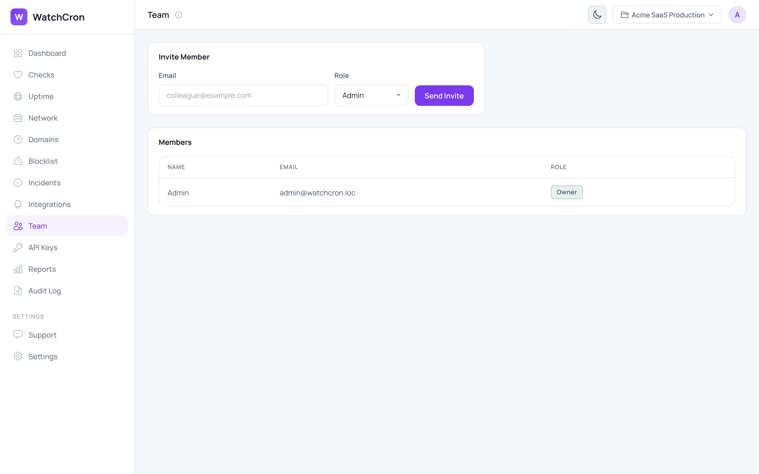 WatchCron team page with invite form, members table, and role badges