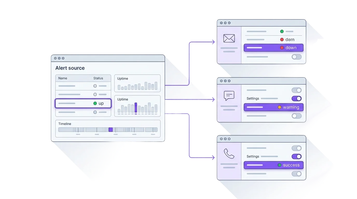 Alert routing diagram showing a monitoring dashboard sending notifications to email, chat, and phone channels