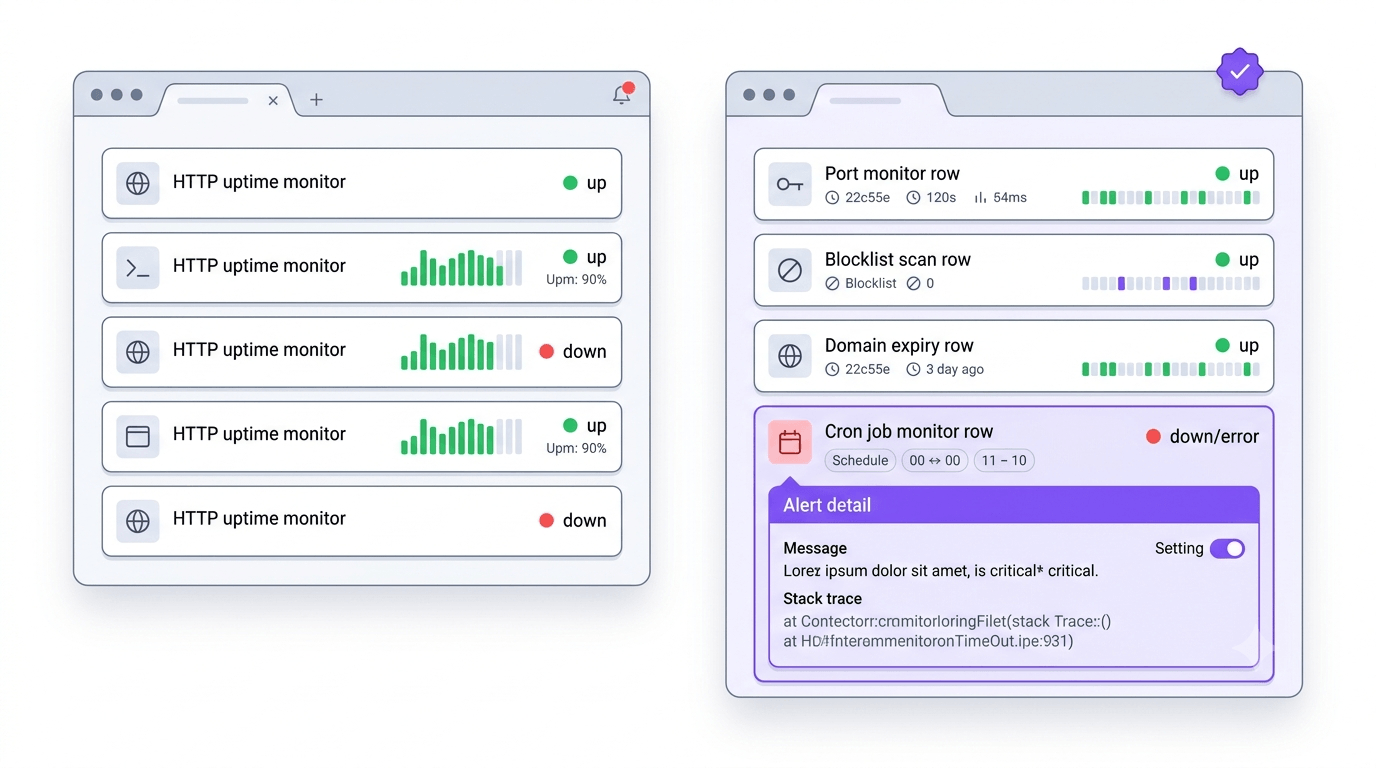 Comparison illustration showing WatchCron flat-plan monitoring vs Pingdom enterprise uptime platform