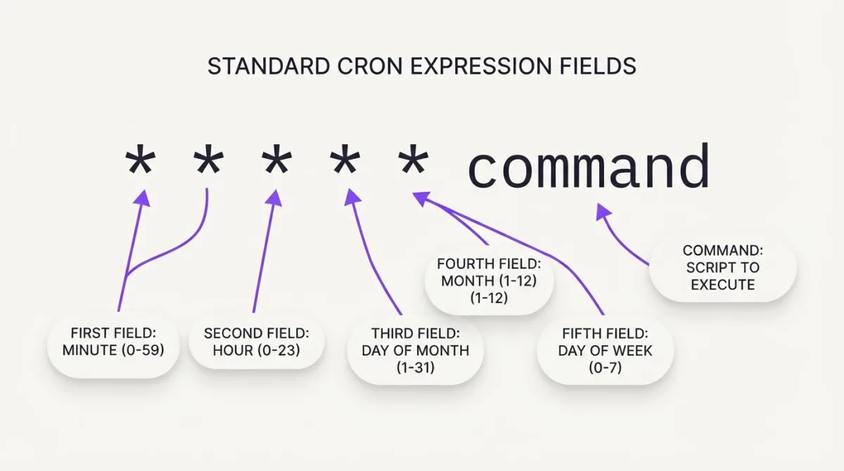 Cron expression syntax — five fields breakdown diagram