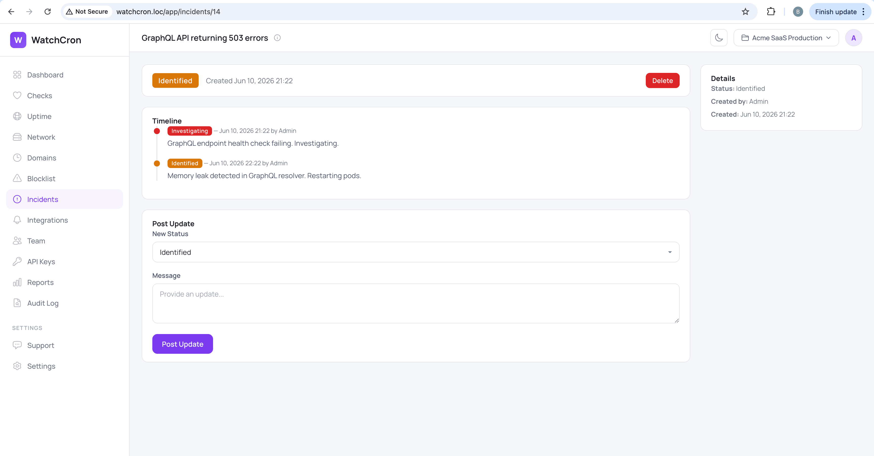 WatchCron incident detail with timeline showing Investigating and Identified status updates