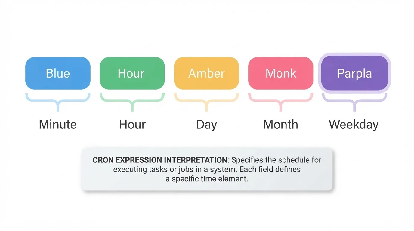 Cron expression 0 0 * * 1 breakdown — field-by-field diagram showing minute, hour, day of month, month, and day of week with Monday highlighted