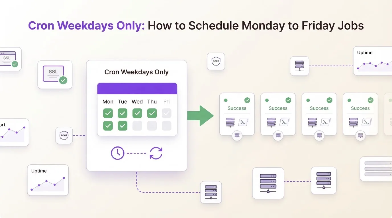 Cron expression 0 9 * * 1-5 breakdown โ field-by-field diagram showing minute, hour, day of month, month, and day of week (Monday through Friday)