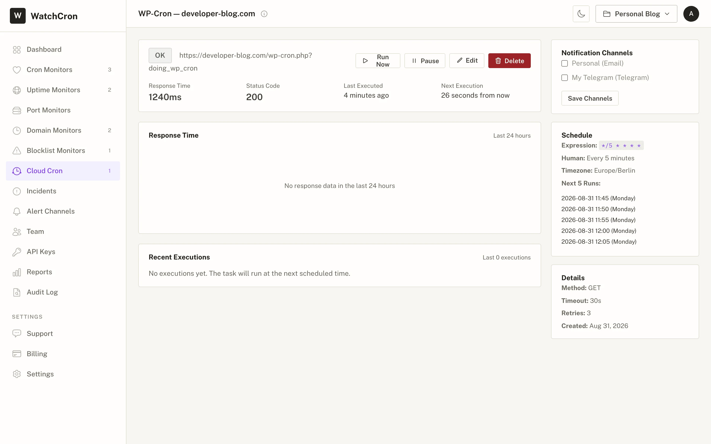 Cloud Cron WordPress setup — task pointing at wp-cron.php endpoint with every-minute schedule