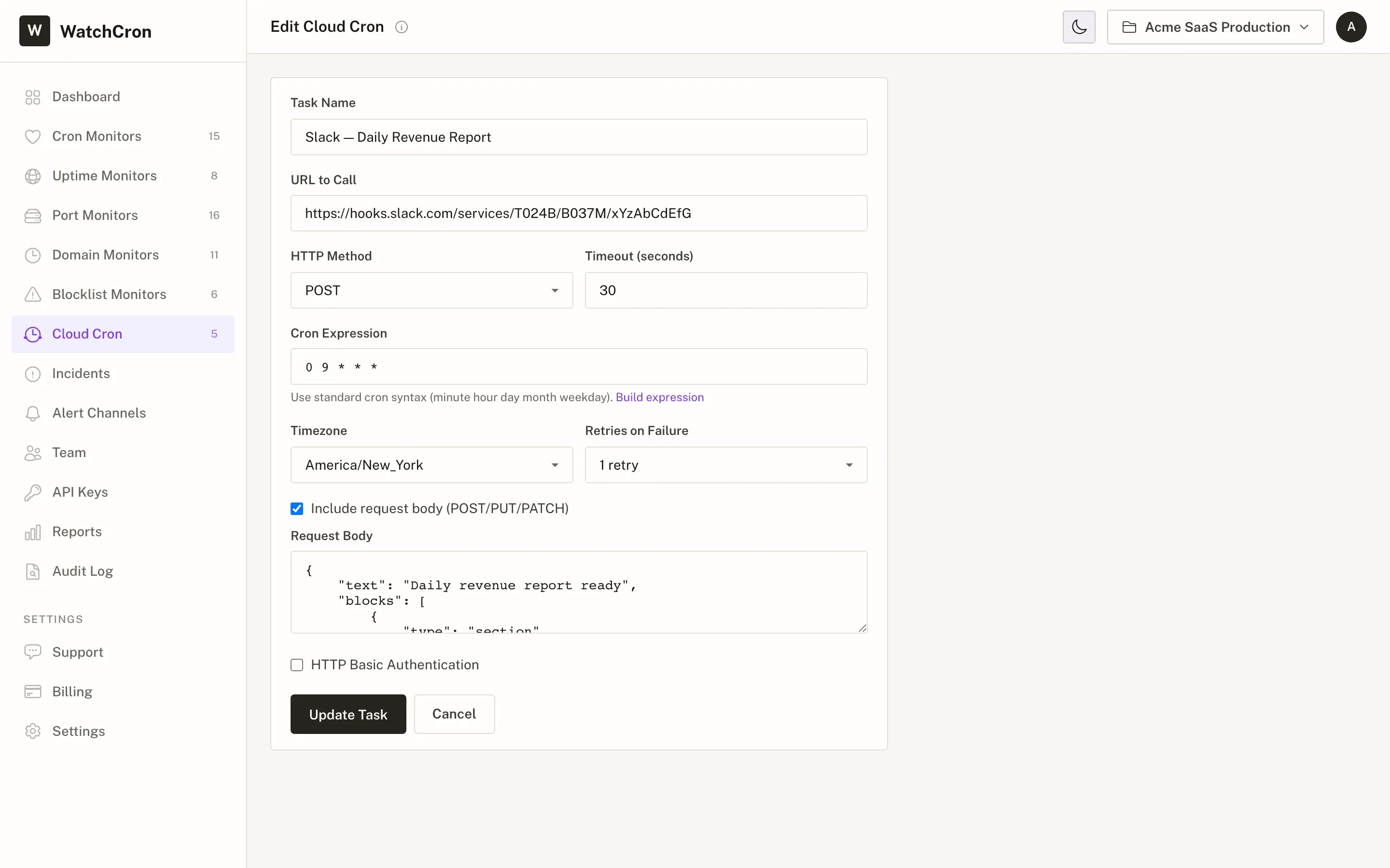 Cloud Cron task form configured for a Slack webhook: POST method, JSON body, cron expression, timezone, and retry settings