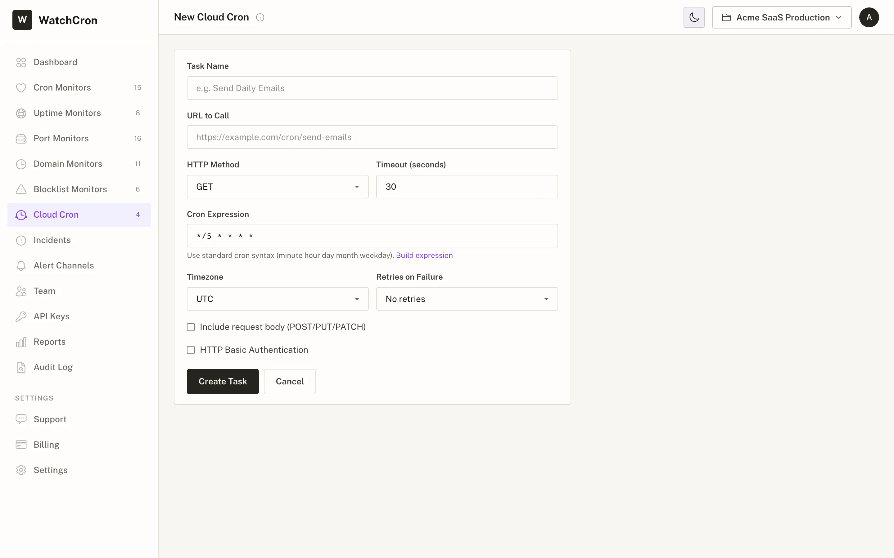 Cloud Cron task creation form with cron expression, HTTP method selector, and retry configuration
